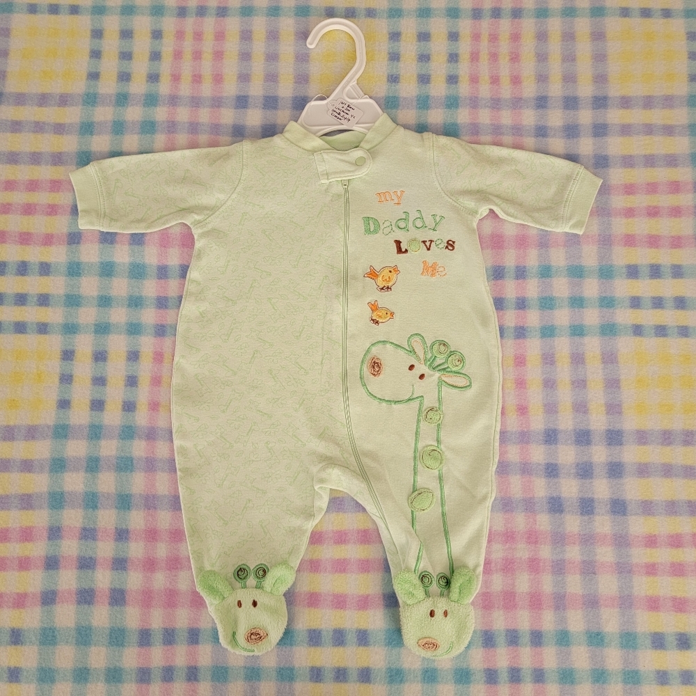 JUST BORN ♡ Green|Brown Giraffe Birdies MY DADDY LOVES ME Zip Footie Outfit 0-3M